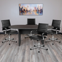 Flash Furniture BLN-6GCGRY595M-BK-GG 5 Piece Rustic Gray Oval Conference Table Set with 4 Black LeatherSoft Ribbed Executive Chairs
